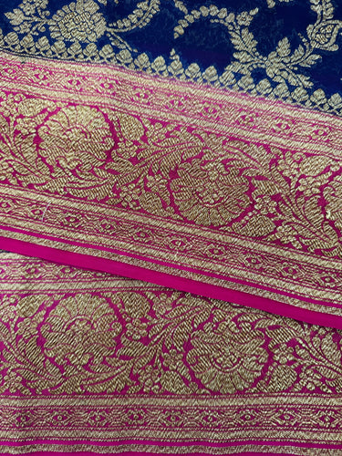 Handwoven Chiffon Saree | Royal Blue & Magenta | Gold Zari | Ships from California